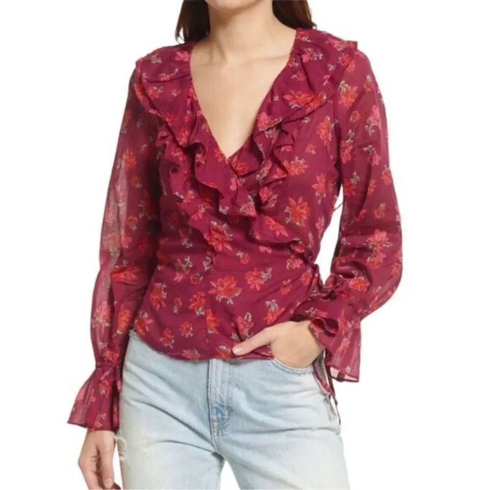 Free‎ People Women's Blouse Size XS Amanda Cotton Floral Ruffle Wrap Top NWT